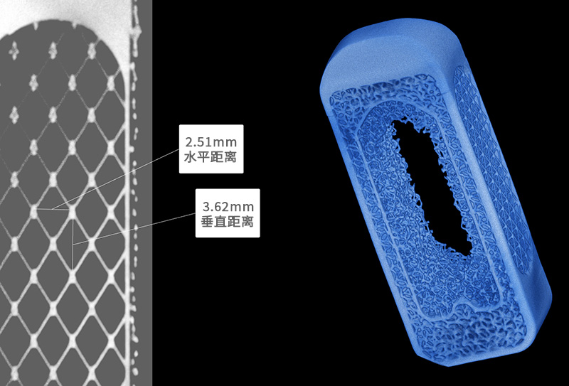 工业CT可对内部结构进行精确测量,例如脊柱植入物内部网格的尺寸。