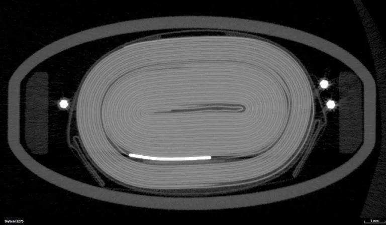 电池横截面X光图像，各层结构清晰可分辨